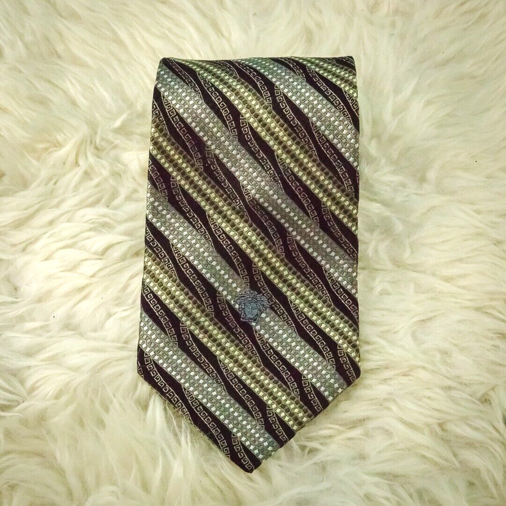 Versace Luxury Designer Silk Black Gray Stripe Print 4 inches Tie Necktie